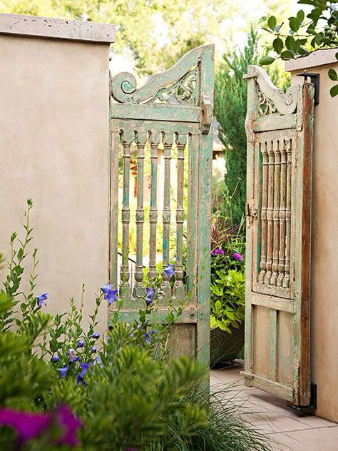 Gate Design Ideas, Open Gate, Garden Gates And Fencing, Patina Farm, Garden Gate Design, Gates And Fences, Stucco Walls, Garden Entrance, Garden Whimsy