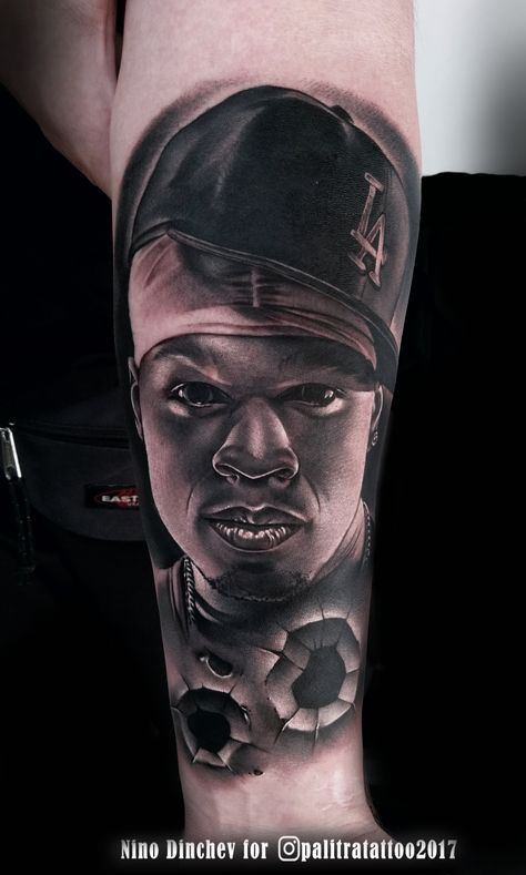 50 Cent Portrait, 50 Cent Tattoo Ideas, 50cent Tattoo, 50 Cent Tattoo, Hop Tattoo, Hip Hop Tattoo, Portrait Tattoo Sleeve, Flesh Tattoo, Gamer Tattoos