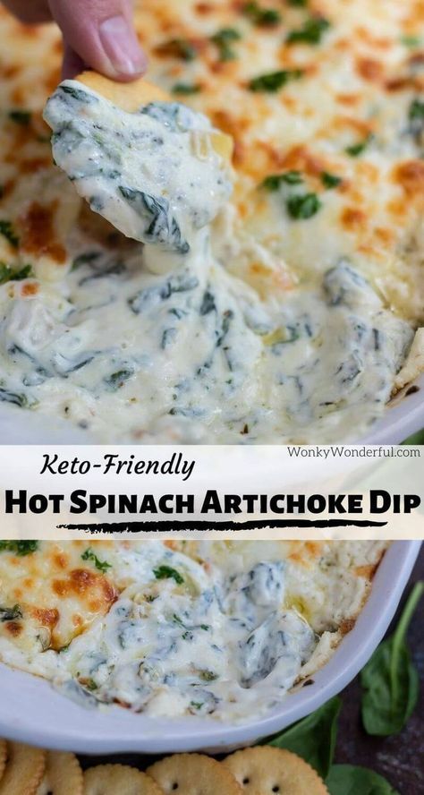 This Hot Spinach Artichoke Dip Recipe should make it to your next holiday, party or game day menu. Not only is it quick, easy and unbelievably delicious but this baked spinach and artichoke dip is low carb, Keto-friendly! #spinachartichokedip #spainachandartichokedip #spinachdip #diprecipes #holidayrecipes #gamedayrecipes #superbowlrecipes #partyrecipes #ketorecipes #ketofriendly #lowcarbrecipes #appetizerrecipes Bridal Shower Food Appetizers, Keto Spinach Artichoke Dip, Keto Spinach Artichoke, Keto Dip, Veggie Keto, Keto Dips, Keto Spinach, Week Meals, Cheese Dips