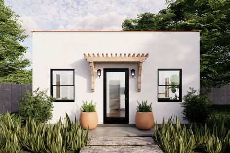 Studio ADU Plan Studio Adu Interior, Stucco Tiny House, House With Adu, Adu Building Plans, Spanish Adu, Magnolia Backyard, Adu Studio, Adu Layout, Studio Adu