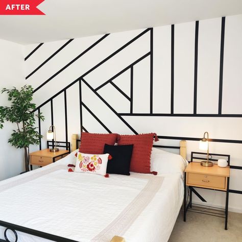 Credit: <a href="https://www.amu-cherian.com/blogs/room-makeover/geometric-mural-for-under-20-renter-friendly">Ammu Cherian</a> Diy Renter Friendly, Accent Wall Bedroom Paint, Board And Batten Accent Wall, Batten Accent Wall, Geometric Mural, Geometric Wall Mural, Creative Beds, Wall Decorating Ideas, Off White Walls