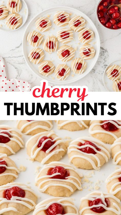 These easy Cherry Thumbprint Cookies are a beautiful addition to your cookie trays! The soft, buttery cookie base is topped with cherry pie filling and a sweet vanilla glaze. They’re easy to make and taste delicious, and the bright red cherries bring a festive touch to your table for the holiday season! Cherry Thumbprint Cookies, Thumbprint Cookies Easy, Cherry Oatmeal Cookies, Cherry Cookies Recipes, Buttery Cookie, Cookie Dough Recipe, Thumbprint Cookies Recipe, Cherry Cookies, Peanut Butter No Bake