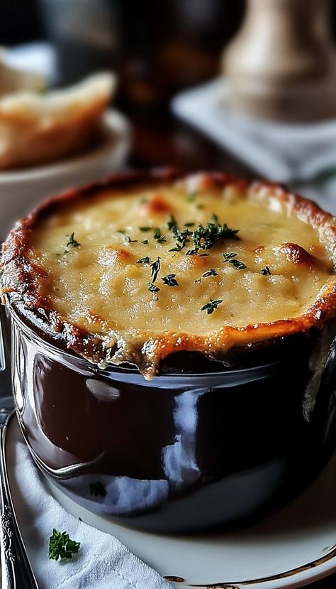 Indulge in this Classic French Onion Soup, a timeless recipe that’s perfect for any occasion. Slowly caramelized onions simmered in a rich beef broth and topped with a golden, bubbly layer of melted cheese on crispy baguette slices create a dish full of comforting flavors. Ideal for cold nights or a fancy starter, this soup is an easy-to-make classic that warms the soul! Fancy Starters, Fancy Soup, Classic French Recipes, Baguette Slices, Classic French Onion Soup, Onion Soup Recipe, Cozy Dinners, Oven Safe Bowls, French Onion Soup Recipe