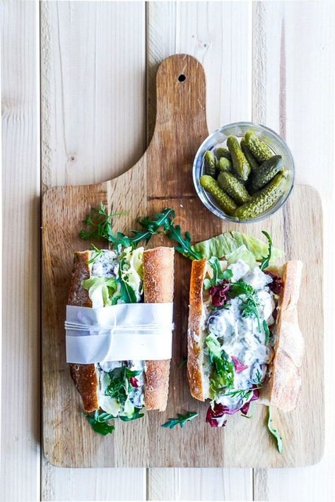 14 Fancy Sandwich Recipes That Are Worthy of the Dinner Table | Brit + Co Homemade Chicken Salads, Fried Bacon, Chicken Fillets, White Grapes, Roast Beef Sandwich, Salad Chicken, Sandwich Bar, Baked Cheese, Cooked Chicken