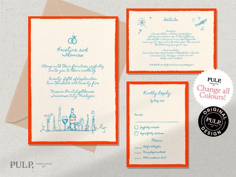 "This digital invitation template suite is bold and modern in style featuring a scribbled handwritten font and hand drawn sketch elements giving it an eclectic, funky, whimsical feel. Find the matching designs here: https://www.etsy.com/uk/shop/PulpTemplatesCompany?ref=seller-platform-mcnav&search_query=0039 BUNDLE PROMO Create your own custom bundle by adding 3 or more Pulp Template designs in your cart and at checkout use the promo code \"BUNDLE\" to receive an extra 25% off TRY THE DEMO Try the Demo at Corjl, copy and paste link into your browser: https://www.corjl.com/d/155C2L Please note: Desktop editing is recommended! Mobile and Tablet editing is limited. WHAT YOU RECEIVE You will receive your template in two sizes to cover US/CA and the rest of the world. Please refer to the listin Custom Wedding Invites, Wedding Invites Digital, Simple Wedding Invites, Wedding Invite Illustrated, Scribble Wedding Invitation, Hand Drawn Save The Date, Squiggle Wedding Invite, Wedding Invitation Handdrawn, Eclectic Wedding Invitations