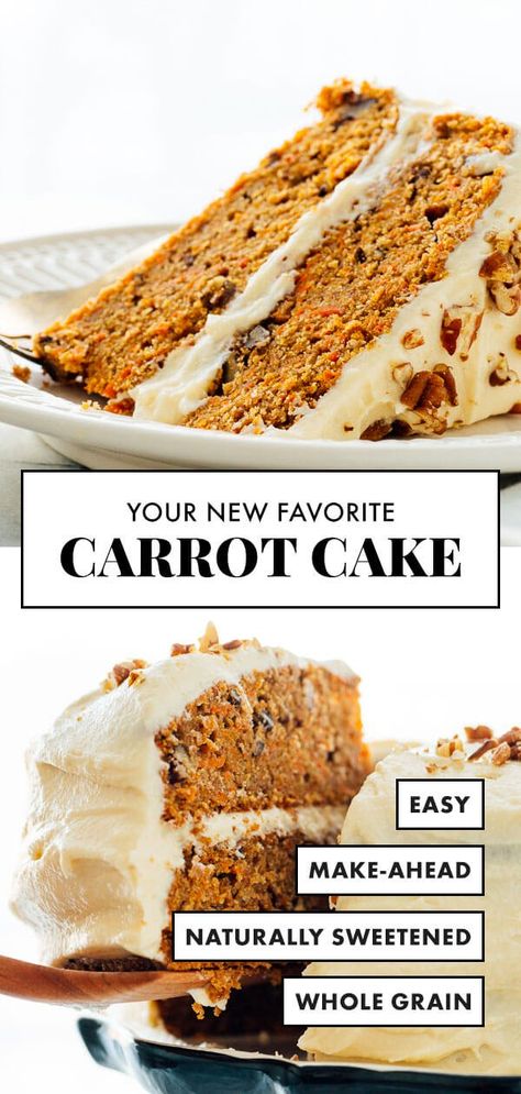 This carrot cake recipe will become your new favorite! This moist and delicious carrot cake is so easy to make from scratch with wholesome ingredients, no less. It's the best! #carrotcake #baking #naturallysweetened #wholegrain #carrots #cookieandkate Savory Cakes, Easy Carrot Cake, Best Carrot Cake, Carrot Cake Recipe, Carrot Recipes, Healthy Cake, Moist Cakes, Round Cake Pans, Savoury Cake