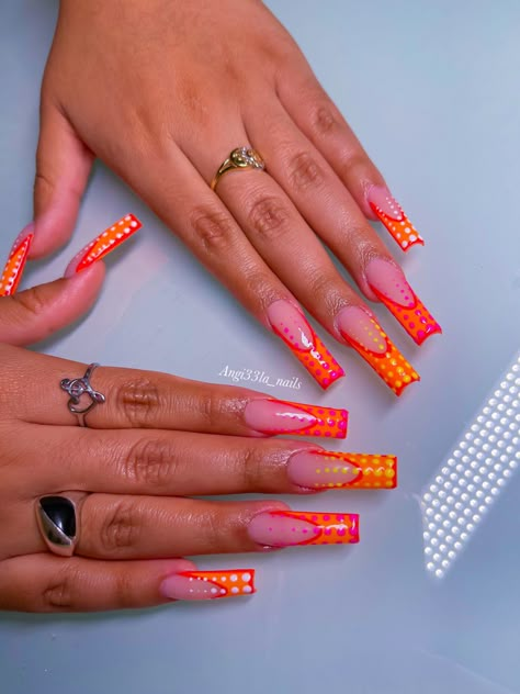 Orange Dot Nails, Orange 90s Nails, Purple And Orange Nails Acrylic, Yellow Croc Nails, Orange Crocodile Nails, Orange Croc Nails, Dot French Nails, Neon Orange And Pink Nails, Orange Pink Nails