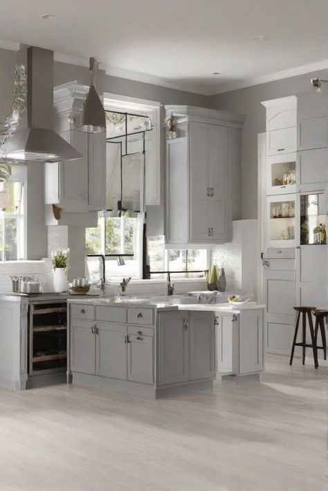 Mindful Gray paint, White rug, Kitchen paint, Wall paint comma home decorating, home interior design, interior designers, kitchen designs Sherwin Williams Green, Light Oak Floors, Gray Painted Walls, Sage Green Kitchen, Mindful Gray, Repose Gray, Green Kitchen Cabinets, Green Cabinets, Paint Can