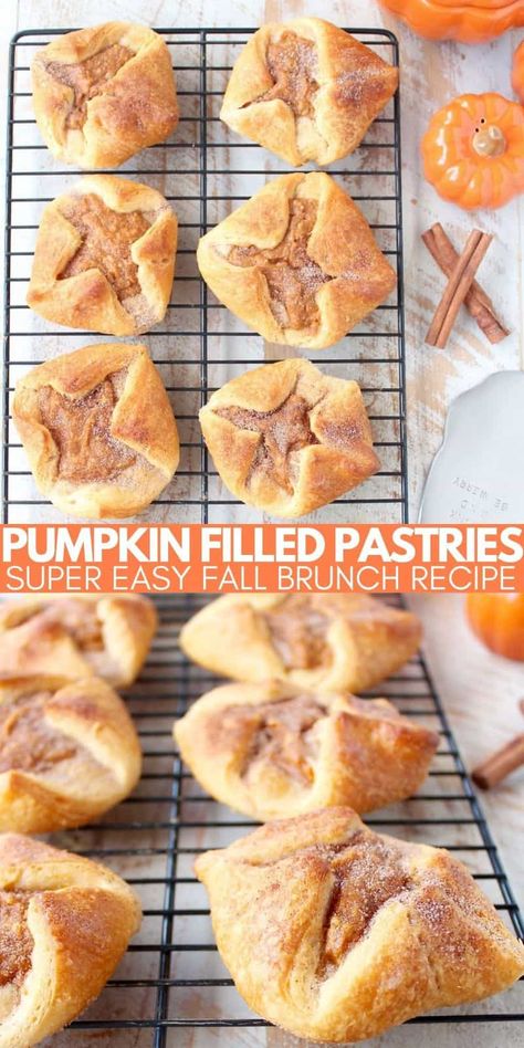 Pumpkin Cream Cheese Crescent Rolls, Pumpkin Pastries, Cream Cheese And Pumpkin, Autumn Brunch Recipes, Filled Pastries, Pumpkin Puree Recipes, Puff Pastry Desserts, Fall Brunch, Pumpkin Cream Cheeses