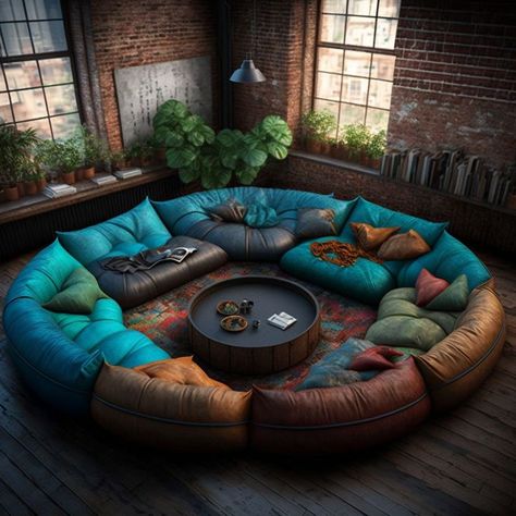 Lounge Pit Living Room, Boho Conversation Area, Conversation Pit Living Room 70s, Circle Couch, Unusual Rooms, Bohemian Couch, Pit Couch, Contemporary Living Room Chairs, Floor Seating Living Room