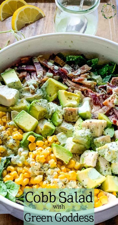 Change up your cobb salad! Homemade green goddess dressing, juicy chicken, crunchy kale and romaine lettuce, creamy avocado, sweet corn, and crispy bacon make this cobb one of a kind. The kind you'll love! #cobbsalad #californiacobb #summersalads #greengoddess #easysalads #lunchideas Panera Green Goddess Salad, Chicken Cobb Salad, Dairy Free Salads, Cobb Salad Recipe, Corn Avocado, Goddess Dressing, Gluten Free Salads, Green Goddess Dressing, Green Goddess