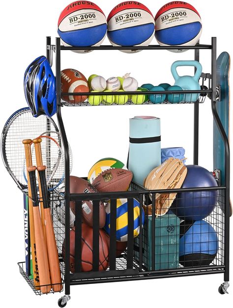 I LOVE THIS THING. It has changed our garage into a usable space now that the sports equipment is in one place. Surprisingly sturdy for the price and holds a ton while still being able to be wheeled around. LOVE LOVE LOVE, want another one. Ball Storage Garage Large Capacity, Sports Organizer for Garage with Hooks and Baskets, Ball Organizer for Garage for Football, Soccer Ball, Bat, Toys Ball Storage Garage, Ball Organizer, Organizing With Baskets, Sports Equipment Organization, Storage Garage, Garage Storage Systems, Garage Organize, Ball Storage, Sports Organization