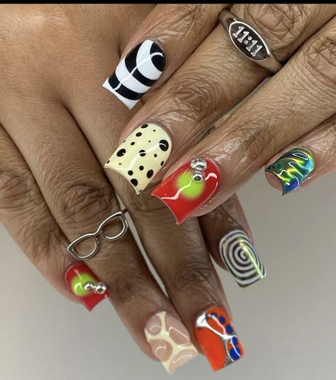 Funky Christmas Nails Design, Nail Inspo Maximalist, Maximalist Nails Fall, Mix Match Nail Designs, Christmas Maximalist Nails, Random Nail Designs, Short Maximalist Nails, Short Nail Designs Maximalist, Mix Match Nails