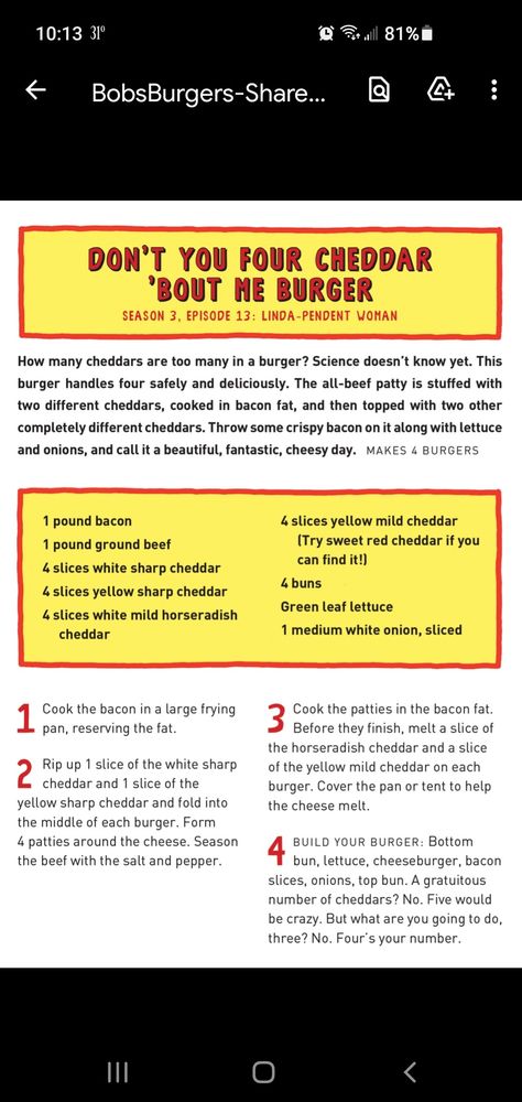 Bobs Burgers Cookbook, Bob's Burgers Recipes, Bobs Burgers Burger Recipes, Bobs Burgers Recipes, Big Boy Restaurants, Bob Burgers, Bbq Smoker Recipes, Burgers Recipes, Pizza Sandwich Recipe