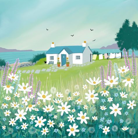 Rural Scotland, Scottish Cottage, Daisy Canvas, Caroline Smith, Cottage Illustration, Scottish Cottages, Bathroom Mural, Seaside Landscape, Fresh As A Daisy