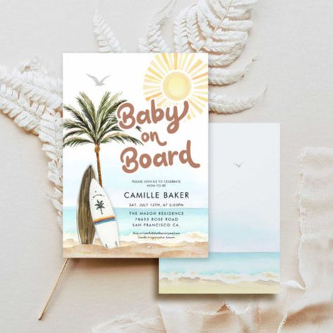 Baby on Board Beach Baby Shower for $2.92 - Baby Shower Gender Baby On Board Invitation, Surf Baby Shower Theme, Baby On Board Shower Theme, Baby On Board Baby Shower Ideas, Bgt 2024, Baby Surf, Surfer Baby, Gender Neutral Invitations, Surf Baby