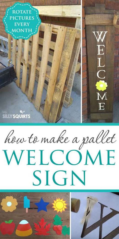 Welcome Sign Front Door Diy, Pallet Welcome Sign, Diy Welcome Sign, Welcome Stencil, Pallet Signs Diy, Welcome Signs Front Door, Outdoor Welcome Sign, Monthly Pictures, Door Signs Diy