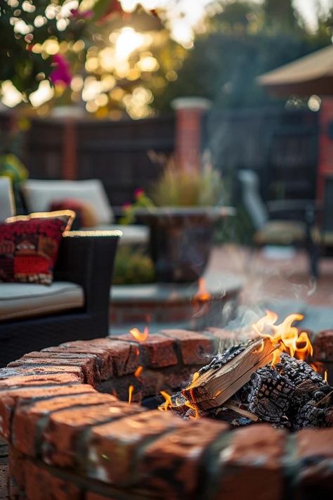 Warm &amp; Inviting Red Brick Fire Pit Designs Red Brick Fire Pit, Brick Fire Pit Ideas, Functional Backyard, Outdoor Gathering Area, Comfortable Outdoor Chairs, Small Urban Garden, Small Fire Pit, Brick Fire Pit, Urban Gardens