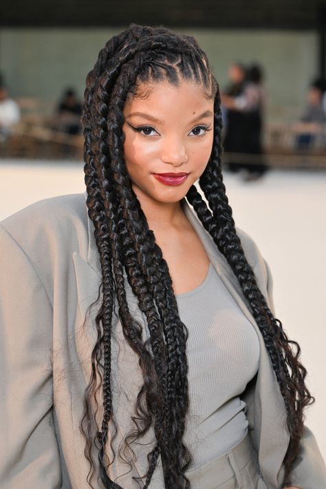 Halle Bailey in jumbo boho boxed braids. Photo via Getty Images | boxed braids, bohemian braids, senegalese twists, large braids, protective styles, natural hair Halle Bailey Braids, Jumbo Braids Over Locs, Microlocs Styles, Color Locs, Loc Goals, Locs Journey, Dope Style, Protective Hair, Loc Hairstyles