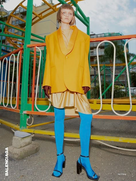 "The SS17 Collections" ELLE UK February 2017 Colorful Urban Fashion, Playful Fashion Editorial, Colorful Fashion Editorial, Playful Photoshoot, Dora Larsen, Playful Fashion, Colour Blocking Fashion, Blue Tights, Balenciaga Style