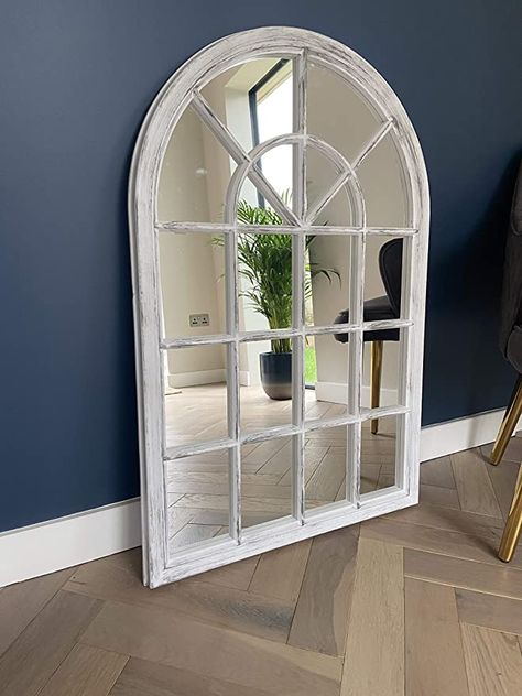 Creekwood Marseille Indoor/Outdoor Lightweight Arched Window Wall Mirror, White Brushed Grey, W65cm x H97cm x D3cm : Amazon.co.uk: Home & Kitchen Arched Window Mirror White, Mirror Like Window, White Window Mirror, Window Style Mirror, Window Mirror Hallway, Mirror That Looks Like Window, Arched Windows Living Room, Hall Mirror Ideas, Mirror Window Wall Decor