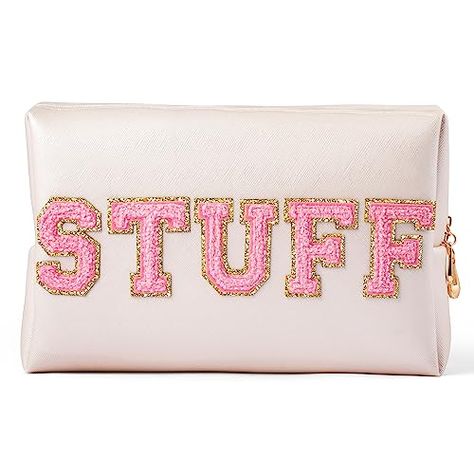 Preppy Makeup Bag, Preppy Makeup, Leather Cosmetic Bag, Leather Makeup Bag, Varsity Letter, Towel Embroidery, Felt Letters, Women Skin, Pink Letter