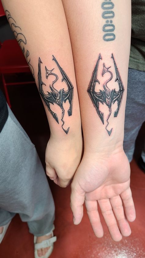 Tattoo ideas matching Tattoos Dnd, Tattoo Ideas Matching, Skyrim Tattoo, Personal Tattoos, Couple Tattoos, Skyrim, Tattoo Idea, Geometric Tattoo, Tattoo Ideas