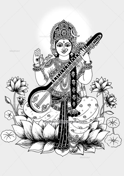 Saraswati Goddess Sketch, Gods Sketches, Lord Saraswati, Navratri Ideas, Mythology Drawing, Black Pen Drawing, Laxmi Ganesh, Saraswati Mata, God Drawing