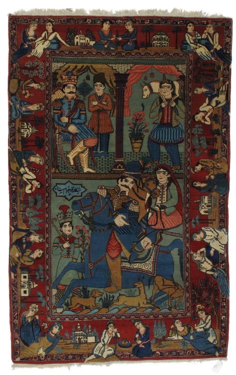 Leon Banilivi Antique Pictorial Kashan Rug- 4'4" X 6'10" | Chairish Iranian Rugs, Unicorn Tapestries, Iranian Carpet, Hunting Scene, Hunt Scene, Kashan Rug, Iranian Art, Antique Persian Rug, Magic Carpet