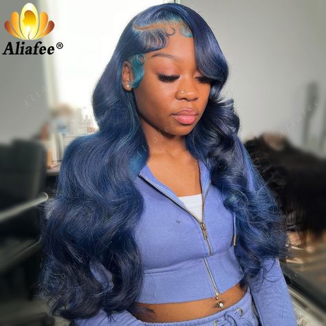 Dark Night Blue Transparent 13x6 Lace Frontal Body Wave Human Hair Wig Blue Color Pre Plucked 13x4 Blue And Black Lace Front Wig, Dark Blue Lace Front Wig, Dark Blue Wigs For Black Women, Icy Blue Wig, Blue Birthday Outfits, Blue Lace Front Wig, Blue Wigs, Black Ponytail, Color Wigs