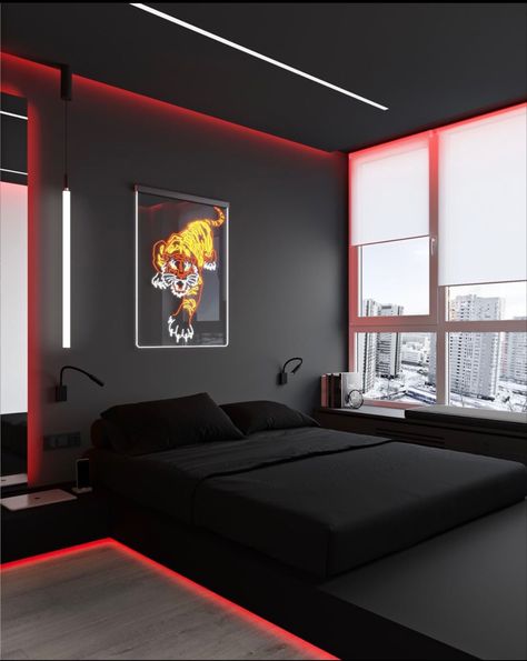 Black Bedroom Decor For Men, Black Room Aesthetic Men, Boy Room Ideas Aesthetic, Ideas Cuarto Hombre, Black Room Ideas For Men, Bedroom Bed Design Modern, Boy Room Aesthetic, Dark Dorm Room Aesthetic, Rgb Bedroom