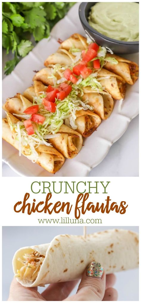 Delicious, crunchy flautas filled with shredded chicken (shredded beef works too), salsa, cheese, green chiles and more! They can be fried, air fried or even baked to be a delicious and easy dinner idea or appetizer. #chickenflautas #flautas #mexicanrecipes #mexican #chicken Chicken Flautas Recipe, Flautas Recipe, Chicken Flautas, Chicken Shredded, Salsa Guacamole, Green Chiles, Lost 100 Pounds, Noodle Casserole, Shredded Beef