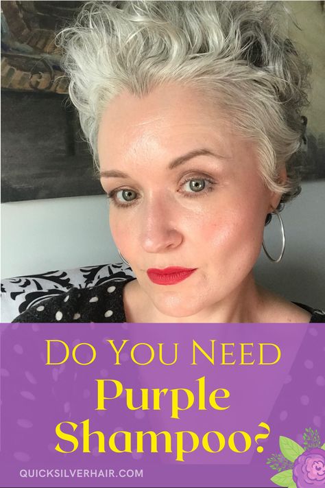 Do you need purple shampoo? For many gray and silver hair women the go to solution for yellowing hair is purple shampoo. Learn when and how purple and blue shampoo. Plus, my DIY Purple shampoo before and after photos and results. #transitioninghairproducts #grayandwhitehair #beautifulgrayhair Purple Shampoo For Gray Hair, Silver Hair Women, Diy Purple Shampoo, Purple Shampoo Before And After, Gray And Silver Hair, Grey Hair Before And After, Diy Hair Care Recipes, Blue Shampoo, Gray Blonde