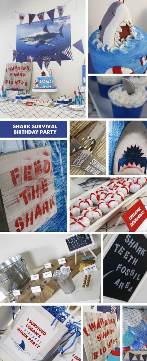 Megalodon Birthday Party, Survival Birthday Party, Shark Themed Food, Feed The Shark, Shark Party Foods, Jaws Party, Shark Week Party, Planning Party, Shark Themed Party