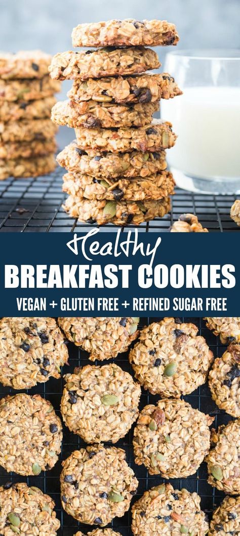 These Healthy Breakfast Cookies made with Banana, Oatmeal, nuts, seeds are gluten-free and Vegan. These make-ahead breakfast cookies are perfect for busy mornings. #oatmeal #breakfast #cookies #healthybreakfast #vegan #glutenfree Vegan Gluten Free Breakfast, Breakfast Bars Recipe, Breakfast Cookie, Biscuits Diététiques, Breakfast Cookie Recipe, Cookies Healthy, Breakfast Cookies Healthy, Recipes Casserole, Healthier Recipes