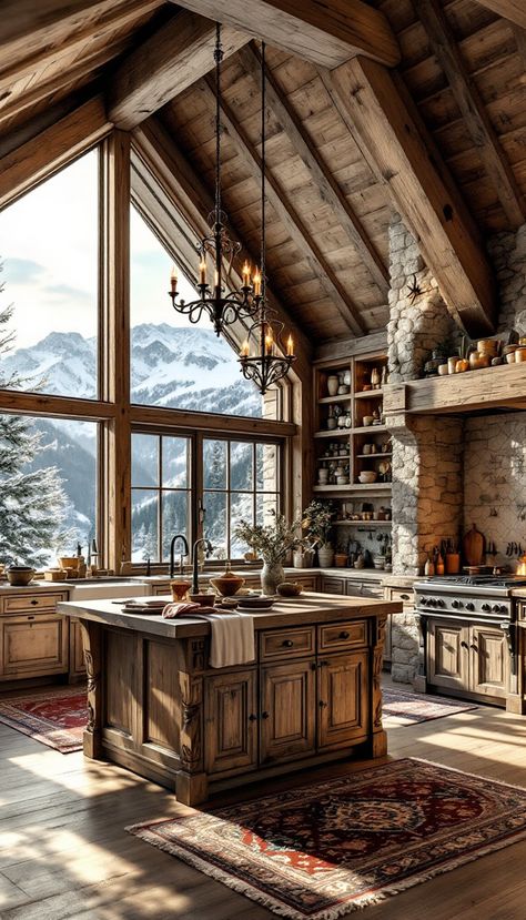 This stunning kitchen connects the Swiss alpine atmosphere with modern comforts, perfect for those who seek a balance between tradition and luxury. Ideal for Pinterest audiences looking for inspiration in chic, cozy ski retreats. Mountain House Design Interior, Kitchen Island 4 Seats, Ski Cabin Kitchen, Ski Lodge Kitchen, Luxury Mountain Homes Interiors, Mountain Kitchen Ideas, Winter House Interior, Mountain Cabin Kitchen, Mountain House Kitchen