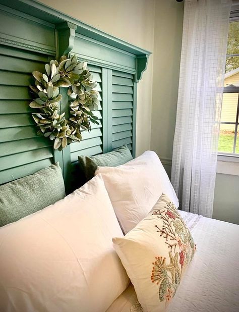 Build a Headboard out of Exterior Shutters - The Happy Farmhouse Small Crown Molding, Shutter Headboard, Window Shutters Diy, Bedroom Wall Paint Colors, Shutter Headboards, Shutters Repurposed Decor, Old Window Shutters, Build A Headboard, Headboard From Old Door