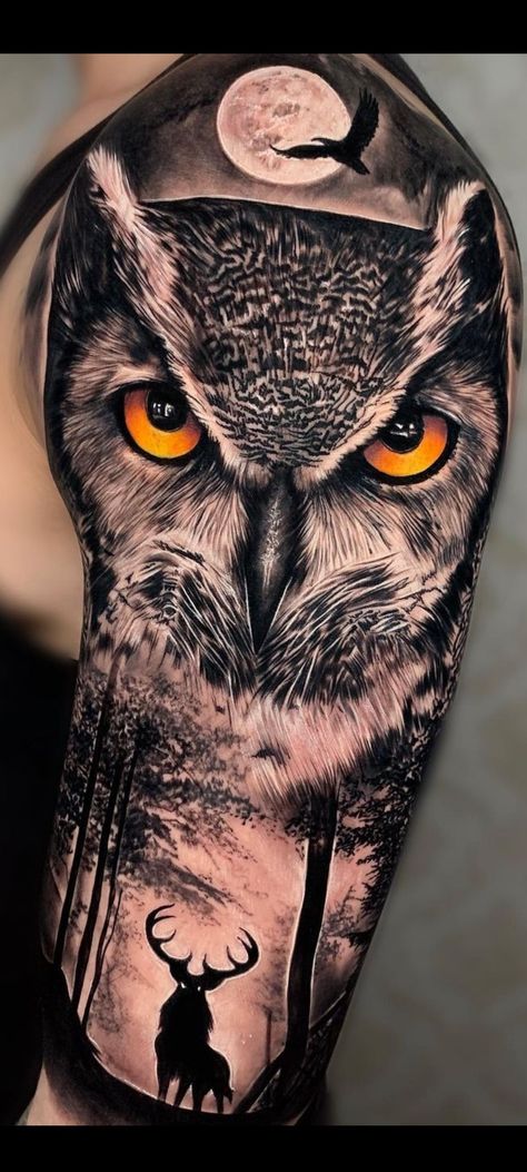 Cool Eye Drawings, Mens Owl Tattoo, Deer Head Tattoo, Realistic Owl Tattoo, Elk Tattoo, Owl Tattoo Sleeve, Family Tattoos For Men, Penguin Tattoo, Animal Sleeve Tattoo