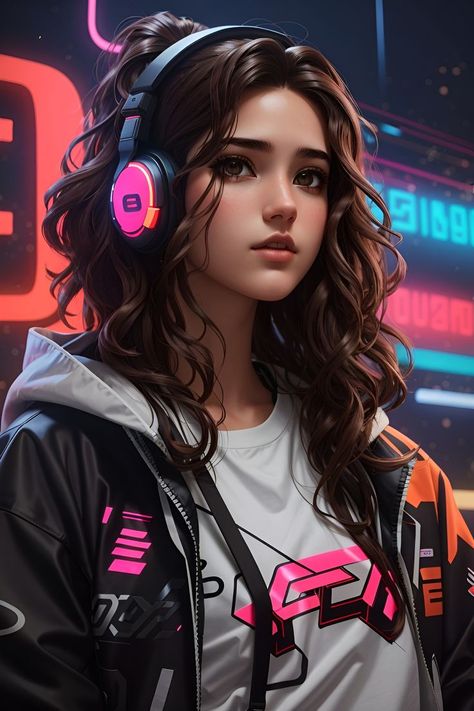 Lofi Girl, Tech Knowledge, Futuristic Typography, Neon Cyberpunk, Cyberpunk Female, Tears Art, Wearing Headphones, Streaming Setup, Red Details