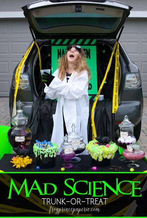 Mad Science Lab Trunk or Treat ideas for Halloween, or Mad Scientist party inspiration! Scientist Trunk Or Treat, Mad Scientist Trunk Or Treat, Mad Science Lab, Mad Scientist Halloween, Trunker Treat Ideas, Mad Scientist Party, Trunk Or Treat Ideas, Scientist Party, Science Party