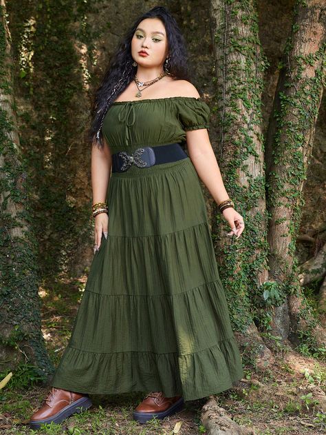 Army Green Boho Collar Short Sleeve Fabric Plain A Line Embellished Non-Stretch  Women Plus Clothing Plus Size Cottagecore Fashion, Boho Prom, Skort Dress, Boho Summer Outfits, Prom Dress Plus Size, Baddie Aesthetic, Business Formal Dress, Earthy Outfits, Coachella Dress