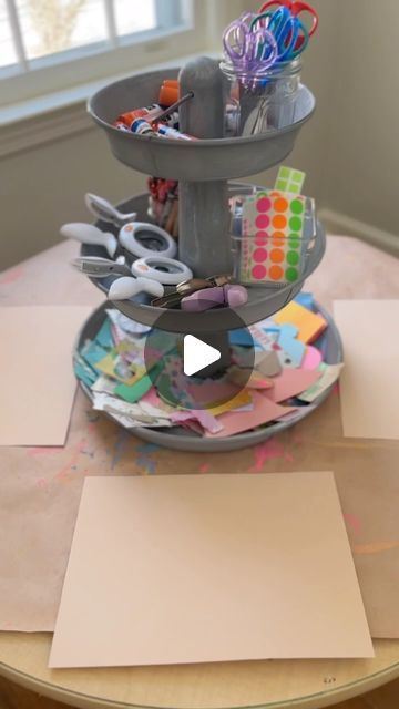 Bar & Shannon on Instagram: "A little inspiration for today ❤️ We used a 3-tiered tray to set out an easy, open-ended collage invitation. This tray of materials can be placed on a covered table and paired with any surface. Here we have construction paper, but you can use cereal boxes, cardboard, even egg cartons! ✂️ Our materials include: Bottom: a collection of paper pieces Middle: crayons, hole punches, paper punches, dot stickers, washi tape Top: glue sticks, scissors ✂️ You don’t need a tiered tray to offer this collage experience. Simply set out a tray of paper scraps along with some tools and surfaces ✂️ Set it out, and see what happens! Remember to always let children explore materials and ideas in their own way, even if it doesn’t look like what *you* envisioned. Open-ended art Collage Invitation, Open Ended Art, Paper Punches, Dot Stickers, Egg Cartons, Cereal Boxes, Paper Scraps, Invitation To Play, Hole Punches