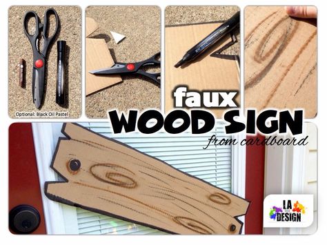 .:.Faux Wood Sign Tutorial.:. #LASignDesign #DIY #howto #halloween #fall #pumpkinpatch #hauntedhouse #upcycle  1. Materials: Cardboard, Black/Brown Oil Pastels, Black Marker, Scissors 2. Trim to size, cut notches, & outline in black marker.  3. Lightly scribble lines (grain) & swirls (knots) with the oil pastels, then smear with your finger.  4. Complete with drawn-on nail or screw heads, lettering, or just leave plain.  Quick & easy decor for your pumpkin patch or a spook-tacular haunted h Jungle Thema, Camping Theme Classroom, Wild West Party, Western Theme Party, Food Photoshoot, Anniversaire Harry Potter, Wilde Westen, Adornos Halloween, Candy Land Christmas Tree