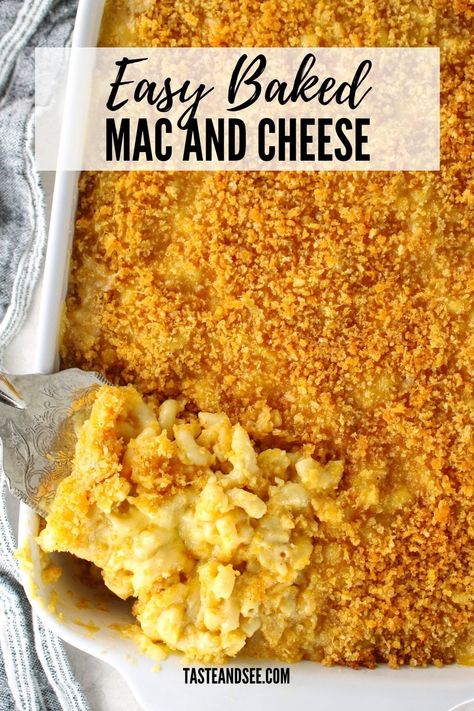 This Easy Mac and Cheese recipe is the ultimate comfort food! With a creamy cheese sauce and a buttery breadcrumb topping - this is the BEST Mac and Cheese recipe ever! Whether you're making it as a side dish for Thanksgiving or Christmas dinner, a family feast, or a weeknight meal, this creamy baked macaroni and cheese recipe will become a favorite for sure. Mac N Cheese Baked Recipe, Mac And Cheese Recipe American Cheese, Breaded Mac And Cheese Recipe, Easiest Baked Mac And Cheese, Mac And Cheese With Greek Yogurt, Mac And Cheese In The Oven, Easy Mac And Cheese Recipe Velveeta Baked Macaroni, Easy Baked Mac N Cheese Recipe, Breadcrumb Topping For Mac And Cheese