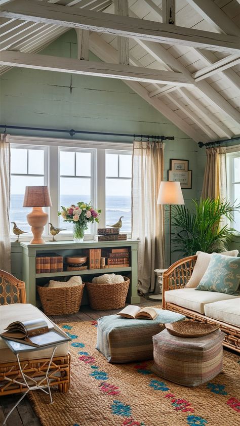 Cozy Coastal: 30 Cottage Living Room Ideas — Coastal Cottage by Celeste Modern Seaside Interior, Sea Side House Interior, Cozy Lake House Interior, Old Beach House Interior, Small Lake Cottage Interiors Living Room, Coastal Grandma Apartment, Vintage Coastal Living Room, Modern Beach Apartment Interior Design, Carribean House Interior