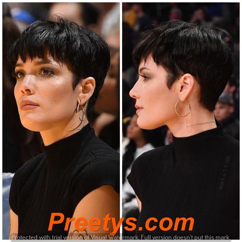 Pixie Hair Trends to Try This Summer: 2024 Edition Preetys.com Pixie Haircut Halsey, Pixie Hairstyles Dark Hair, Halsey Pixie Hair, Dark Pixie Haircut, Halsey Haircut, Halsey Pixie, 2023 Pixie Hair Trends, 2023 Pixie Cuts, Straight Pixie Haircut