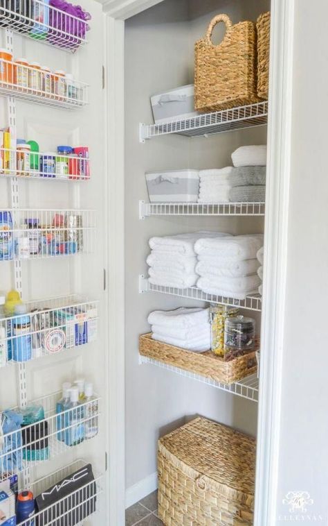 Small Linen Closets, Bathroom Linen Closet, Linen Closet Storage, Organized Bathroom, Bathroom Closet Organization, Organizing Linens, Small Bathroom Organization, Diy Bathroom Storage, Bathroom Storage Solutions