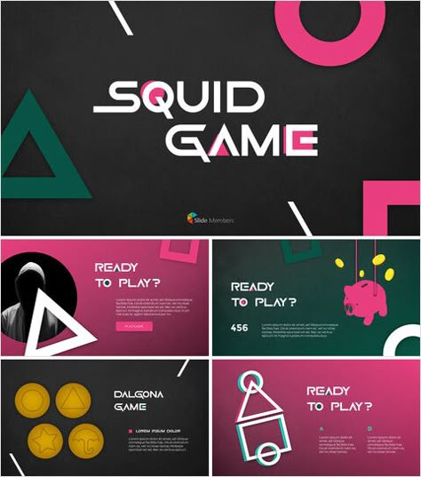 Gaming Presentation Design, Squid Game Design, Game Presentation Design, Squid Game Poster, Games Powerpoint, Game Presentation, Colors With Gray, Ppt Template Free Download, Handwritten Logo Design