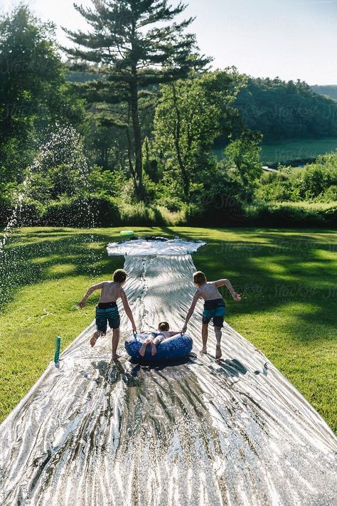 Diy Waterslide Backyard, Family Fun Aesthetic, Backyard Waterslide, Outdoor Event Ideas, Backyard Photoshoot, Backyard Slide, Summer Boston, Church Camp, Summer Backyard