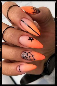 Halloween Nail Almond Shape, Halloween Nail Designs Jack O Lantern, Fall Or Halloween Nails, Orange With Black Nails, Oval Acrylic Nails Short Halloween, Halloween Nails Acrylic 2023, Hawollen Nails, Halloween French Tip Nails Almond, Orange Ombre Halloween Nails